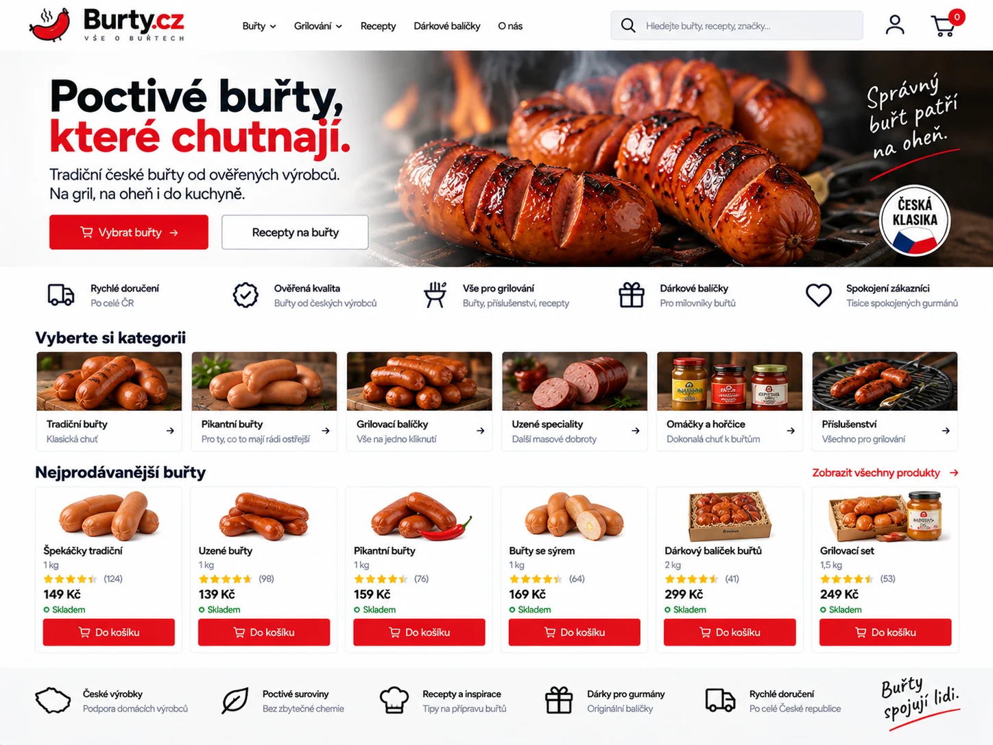 Ilustrační návrh pro Burty.cz: e-shop s buřty, grilovacími balíčky, omáčkami a recepty